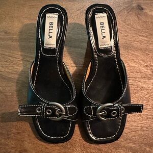 SHOP PECHE - Bella Black Leather Kitten Mules with Buckle Detail - 36/6